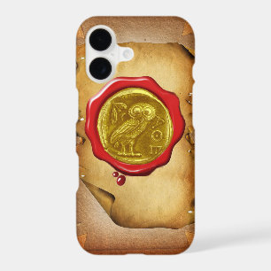ANTIQUE OWL GOLD YELLOW RED WAX SEAL parchment