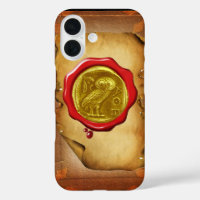 ANTIQUE OWL GOLD YELLOW RED WAX SEAL parchment