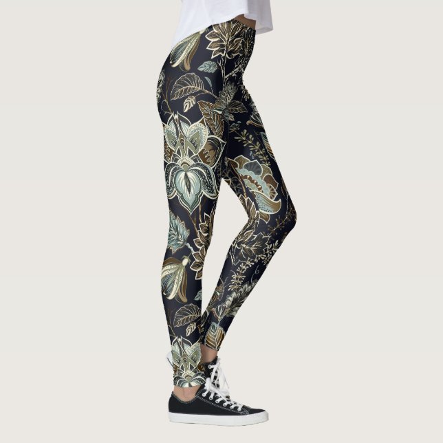 Antique Paisley flowers black background pattern Leggings (Right)