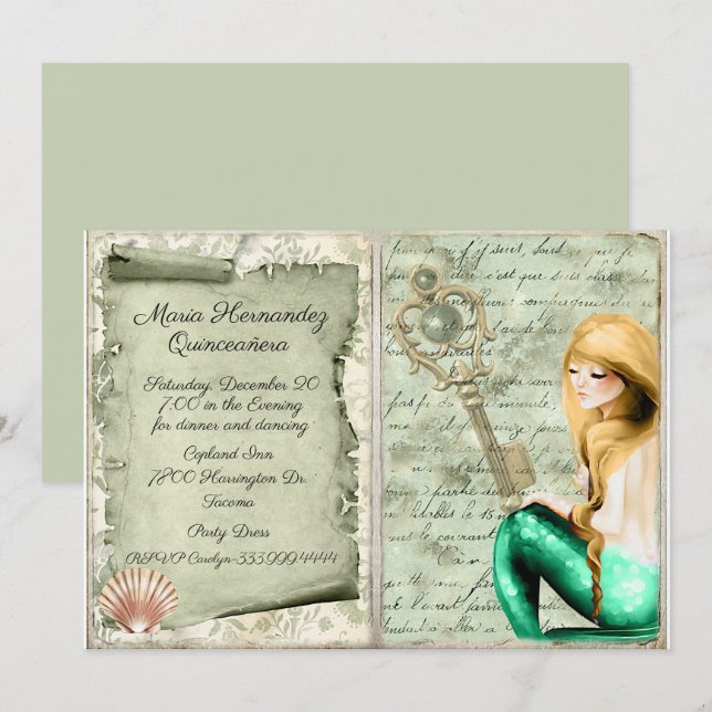 Antique papier Mermaid Quinceañera Invitation (Devant / Derrière)