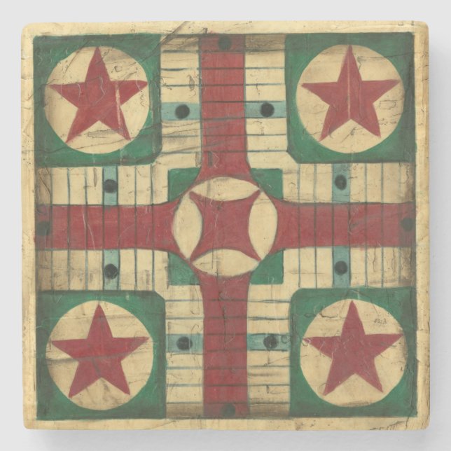Antique Parcheesi Game Board by Ethan Harper Stone Coaster (Front)