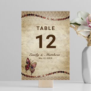 Antique Parchment, Lace, Beads, Butterfly Wedding Table Number