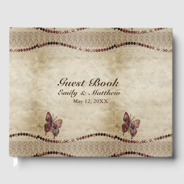 Antique Parchment, Lace, Shiny Beads & Butterfly Guest Book (Front)