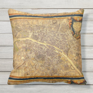 Antique Paris Map 1765 Worn Edge Vintage France Outdoor Pillow