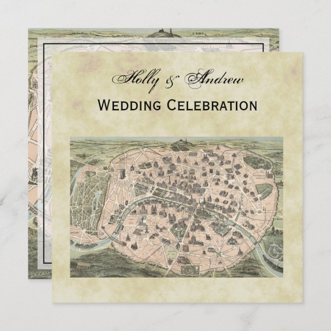Antique Paris Map, Distressed BG #3 SQ Wedding Invitation (Front/Back)