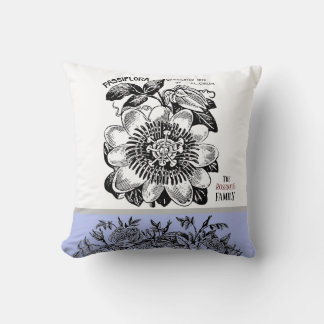 Antique Passion Flower - Choice of Text Periwinkle Throw Pillow