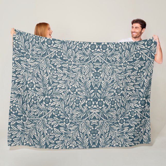 Antique Pattern of Worn out Leaves Blue Background Fleece Blanket (In Situ)