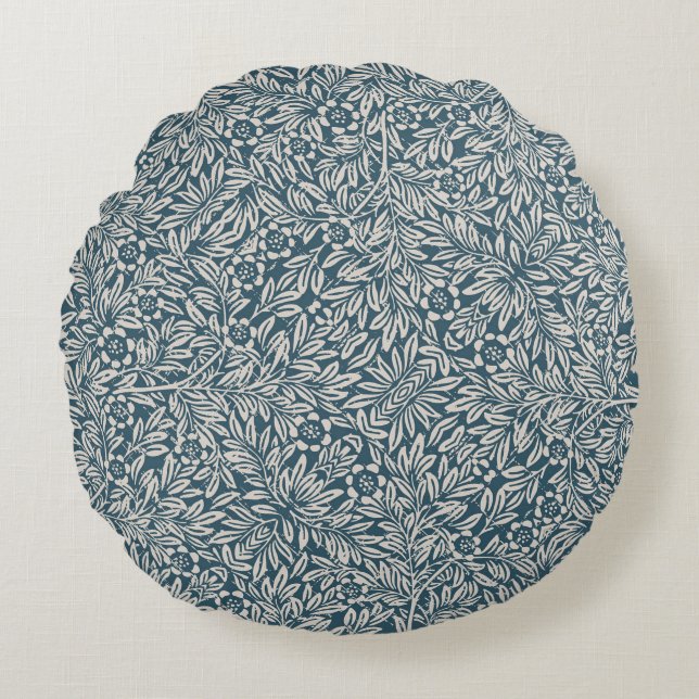 Antique Pattern of Worn out Leaves Blue Background Round Pillow (Front)