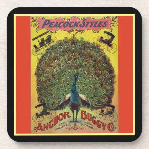 Antique peacock buggy company advertisement red coaster