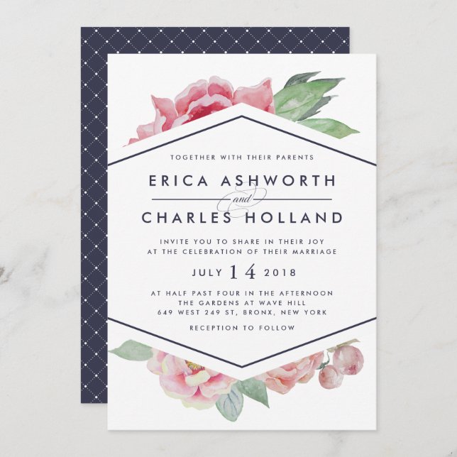 Antique Peony | Blush and Navy Wedding Invitation (Front/Back)
