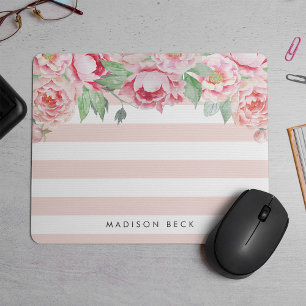 Antique Peony & Blush Pink Stripe Mouse Pad