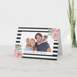 Antique Peony Charcoal Stripe   Mother's Day Photo Card