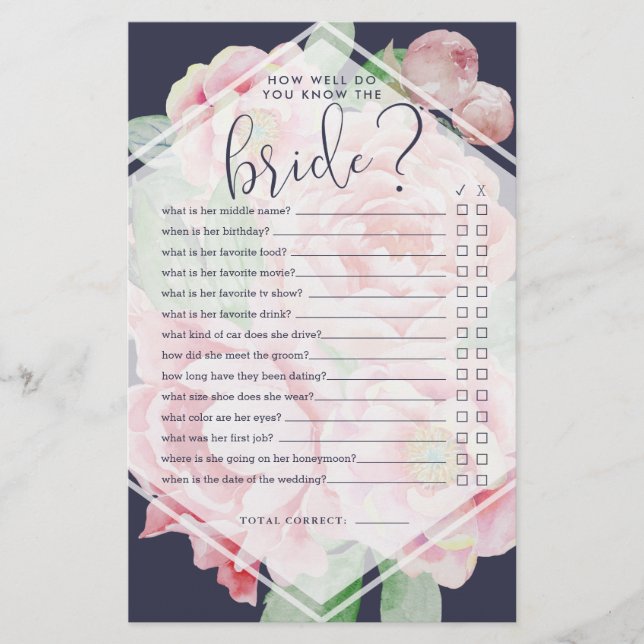 Antique Peony How Well Do You Know the Bride Game (Front)
