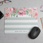 Antique Peony & Sage Stripe Mouse Pad<br><div class="desc">Modern peony floral mousepad features chic pastel mint green stripes with a bouquet of blush and sage watercolor peonies blooming from the top. Personalize with a name,  monogram or message using the field provided.</div>