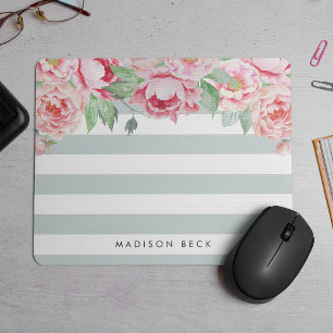 Antique Peony & Sage Stripe Mouse Pad