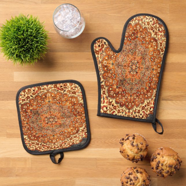 Antique Persian Carpet Look Oven Mitt & Pot Holder Set (Top Down)