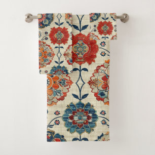 Antique Persian Red Blue Oriental Kilim Floral Rug Bath Towel Set