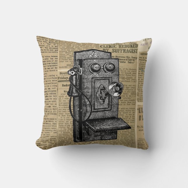 Antique Phone on Vintage Newsprint Throw Pillow (Front)