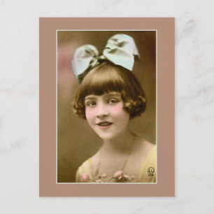 Antique photo 1920s girl with hair bow postcard