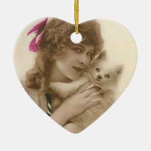 Antique Photo Victorian Woman and Dog Ceramic Ornament
