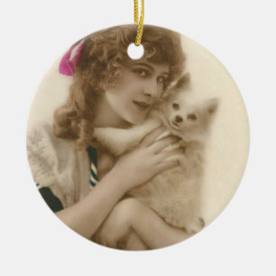 Antique Photo Victorian Woman and Dog Ceramic Ornament