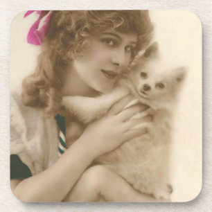 Antique Photo Victorian Woman and Dog Coaster