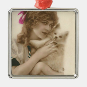 Antique Photo Victorian Woman and Dog Metal Ornament