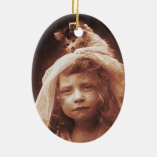 Antique Photograph Girl Cat on Head Funny Ceramic Ornament