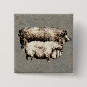 Antique Pigs Vintage piggy drawing 2 Inch Square Button