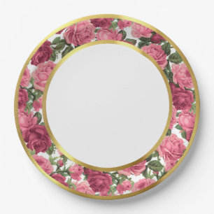 Antique Pink & Dk Pink Victorian Garden Roses Gold Paper Plate