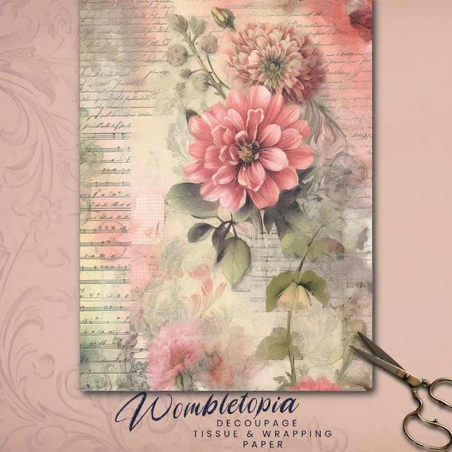 Antique Pink Floral, Ephemera, Script Decoupage Tissue Paper (Creator Uploaded)
