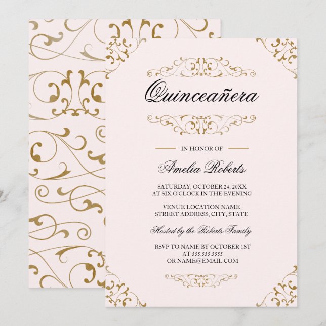 Antique Pink Gold Flourish Quinceanera Invitation (Front/Back)