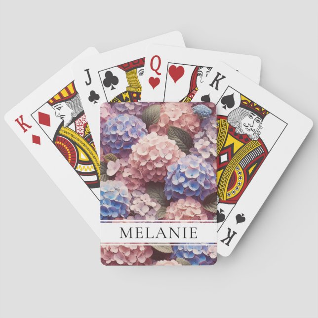 Antique Pink Hydrangea Botanical Custom Name Playing Cards (Back)