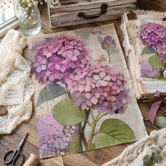 Antique Pink Hydrangea Ephemera Script Decoupage Tissue Paper (Creator Uploaded)