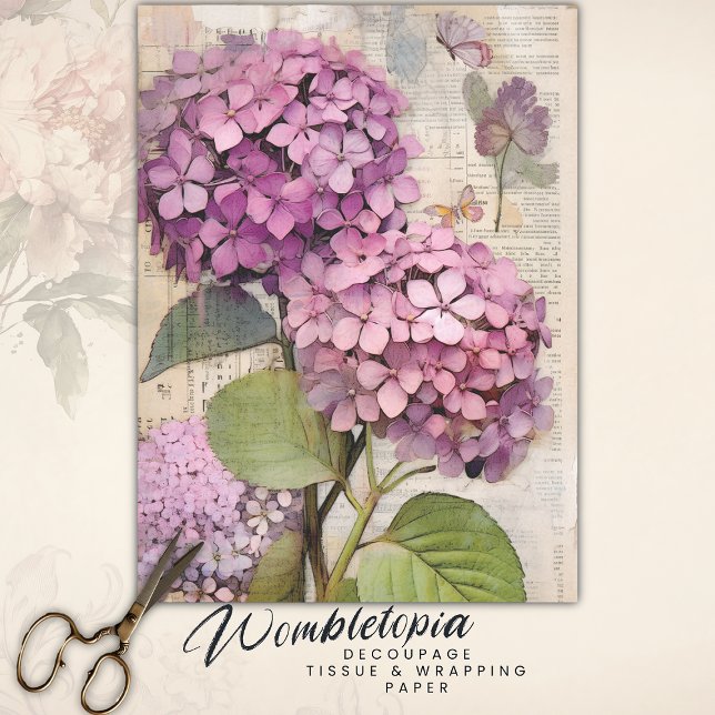 Antique Pink Hydrangea Ephemera Script Decoupage Tissue Paper (Creator Uploaded)