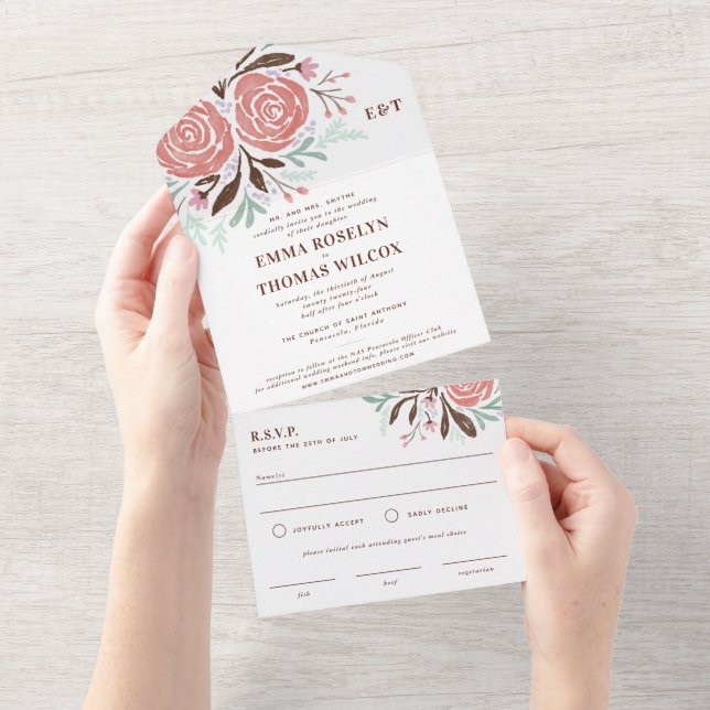 Antique Pink Watercolor Roses Wedding All In One Invitation (Tearaway)
