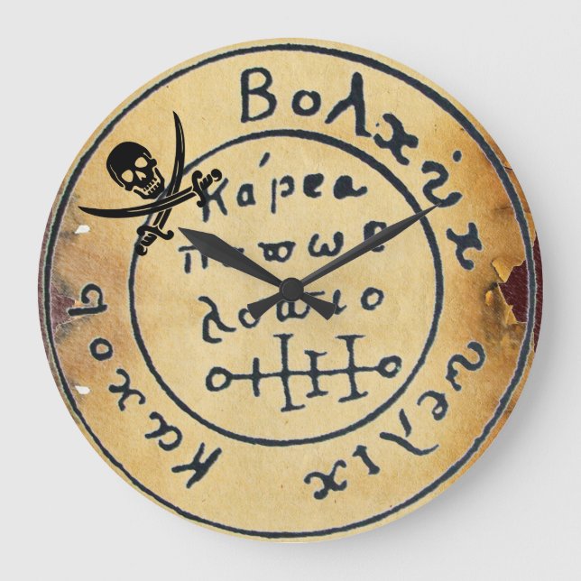 ANTIQUE  PIRATES TREASURE MAP ,SKULL AND SWORDS LARGE CLOCK (Front)