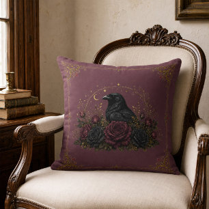 Antique Plum Victorian Gothic Raven Floral Throw Pillow