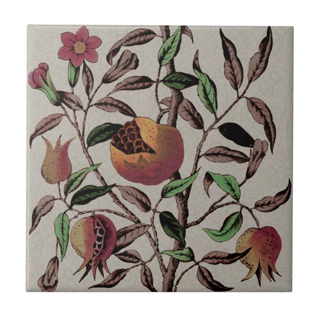 Antique Polychrome Pomegranate Tree Reproduction Tile (Front)