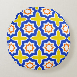 Antique portuguese tiles. Blue and yellow Azulejos Round Pillow