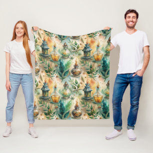 Antique Potion Bottles Green Amber Botanical Fleece Blanket