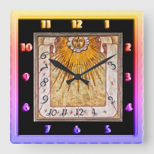 Antique prehistoric sundial with A face on the sun Square Wall Clock (Front)