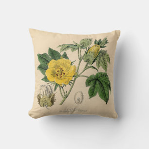 Antique Print Cotton Yellow Flower Throw Pillow