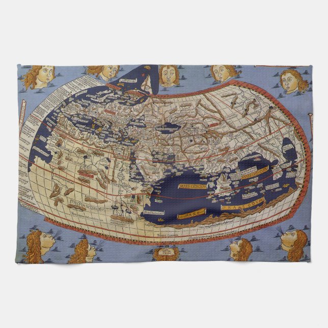 Antique Ptolemaic World Map, Johannes of Arnsheim Kitchen Towel (Horizontal)