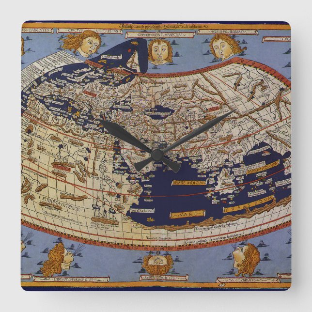 Antique Ptolemaic World Map, Johannes of Arnsheim Square Wall Clock (Front)