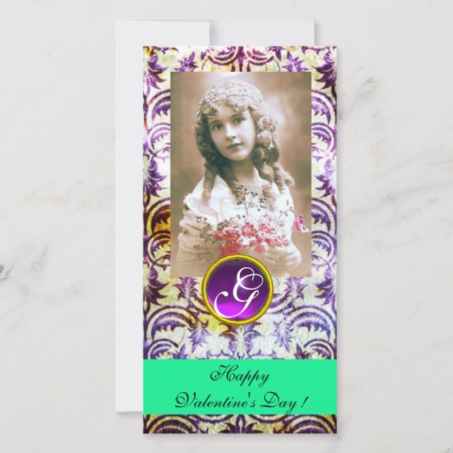 ANTIQUE PURPLE DAMASK Amethyst Monogram green Holiday Card (Front)