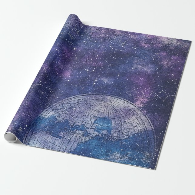 Antique Purple Star Chart World Map Wrapping Paper (Unrolled)