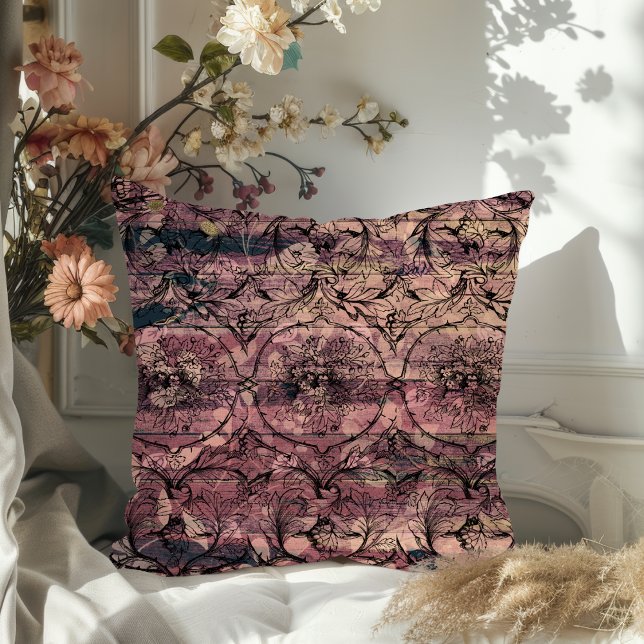 Antique Purple Wood & Black Floral Filigree  Throw Pillow (Creator Uploaded)