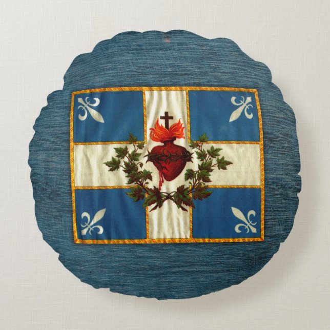 Antique Quebec Flag Sacred Heart Carillon Round Pillow (Front)