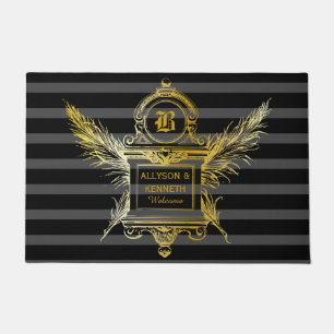 Antique Quill Feathers Classic Gold Frame Monogram Doormat